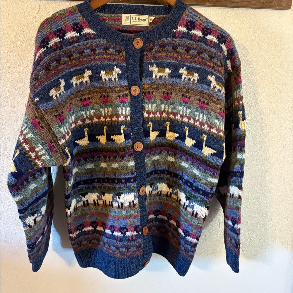 L.L. Bean Blue Multicolor Cardigan Sweater Vintage